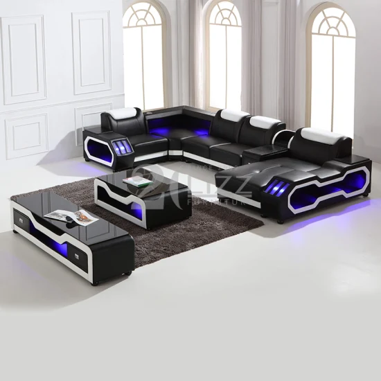 European Modern Sectional Leisure Living Room Home Furniture U Shape Genuine Leather Sofa Couch Set with LED Lights